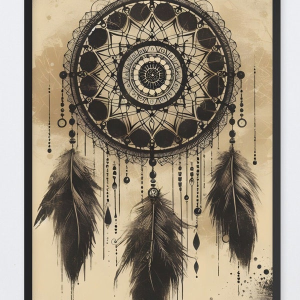 The Dreamer’s Eye, Native American Smudged Medium Hand Crafted Dream Catcher, Beaded Dreamcatcher, Feather Wall Hanging, digital print, gift