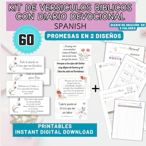 Puede incluir: Un kit digital con 60 tarjetas de versículos bíblicos en español con ilustraciones florales y un diario devocional con páginas de oración. El texto incluye KIT DE VERSICULOS BIBLICOS CON DIARIO DEVOCIONAL, PROMESAS EN 2 DISEÑOS y PRINTABLES INSTANT DIGITAL DOWNLOAD.