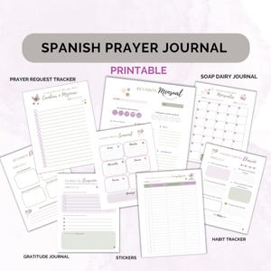 Puede incluir: Un conjunto de páginas imprimibles de un diario de oración en español. Las páginas incluyen secciones para peticiones de oración, revisiones mensuales, un diario de jabón, gratitud y seguimiento de hábitos. Las páginas son blancas con acentos morados y verdes.