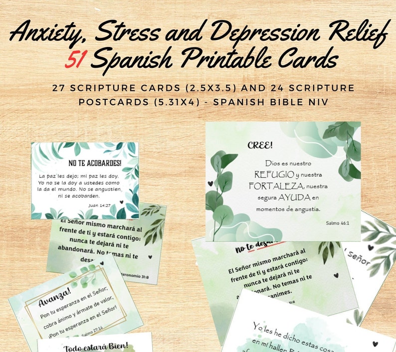 Spanish Scripture Cards Printable Anxiety and Fear Reliever, NIV Bible Verses for Stress ...
