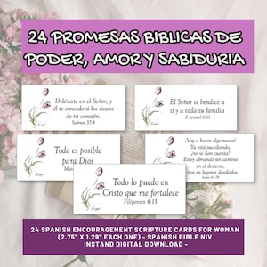Puede incluir: Un conjunto de 24 tarjetas de ánimo bíblicas en español para mujeres. Cada tarjeta mide 7 x 3,3 cm y presenta versículos bíblicos y diseños florales. Descarga digital.