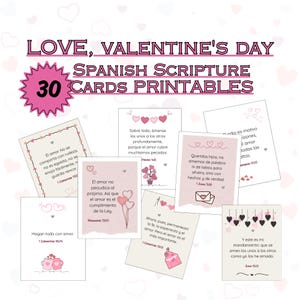 Puede incluir: Un conjunto de 30 tarjetas imprimibles de escritura española para el Día de San Valentín. Las tarjetas presentan diseños rosas y blancos con corazones y versículos bíblicos. El texto "LOVE, VALENTINE'S DAY" está en la parte superior.