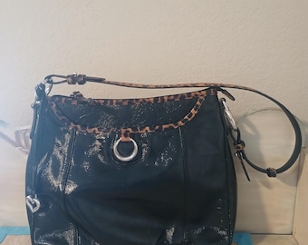 Brighton Renalee Black Patent Leather Hobo Shoulder Bag/Purse with Leopard Accents and Adjustable Strap