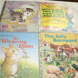 Lot of 4 Vintage A Little Golden Books Children&#39;s Books: Shy Little Kitten; Whispering Rabbit; Sesame Street & The Jolly Barnyard
