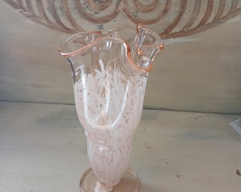 Handmade Genuine Lead Crystal Vase Pink and White Confetti Pattern Ruffle Edges 6.5" H