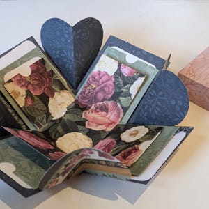 May include: An open, multi-layered explosion box with floral patterned inserts and dark blue heart-shaped accents. The box features pockets with floral designs in shades of pink, cream, and burgundy. A separate, closed box with a pink floral design is also present.
