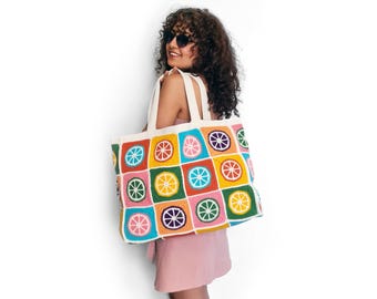 Borsa da spiaggia lavorata a mano / Limonata / Borsa strutturata e spaziosa