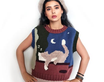 Maglione oversize lavorato a mano / Gatto addormentato