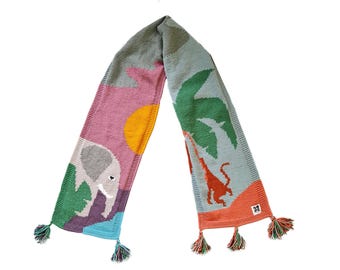 Sciarpa lavorata a mano / Design unico / Tropica / Elefante e scimmia