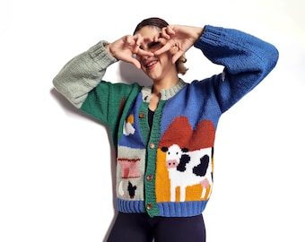Cardigan lavorato a mano / Design unico / Fattoria - Mucca, Pollo, Mulino