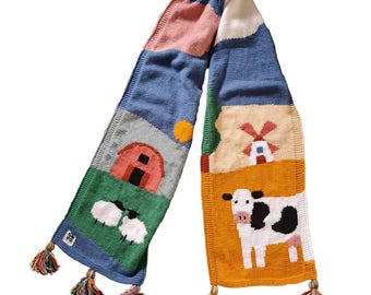 Sciarpa lavorata a mano / Design unico / Fattoria / mucca pecora agnello