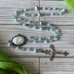 Crystal Catholic Rosary: Silver Metal, Floral Ceramic Beads