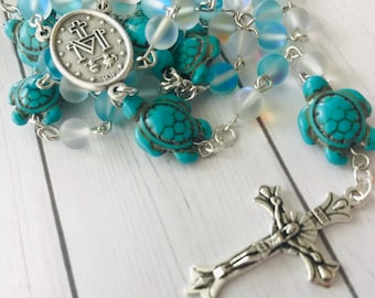 Catholic Rosary: Aqua Mermaid Glass Beads with Turquoise Turtle Accents
