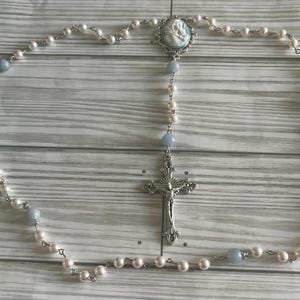 Swarovski Pearl Rosary: Cameo, Aquamarine Jade, Silver Crucifix