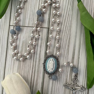 Swarovski Pearl Rosary: Aquamarine Jade Beads, Catholic Gift