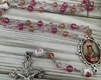 Crystal Rosary: Floral Ceramic Beads, Silver Tone Crucifix