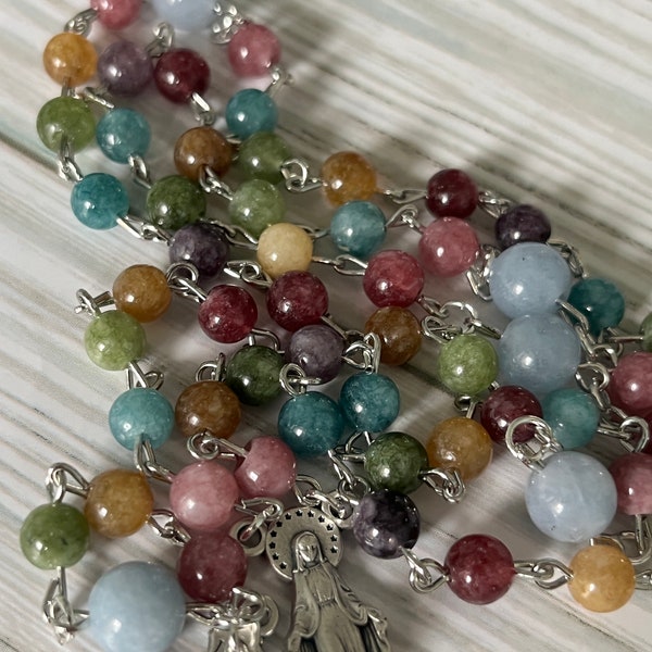 Tourmaline Rosary: Aquamarine Accent Beads, Catholic Prayer Beads