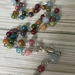 Tourmaline Rosary: Aquamarine Accent Beads, Catholic Prayer Beads image 7