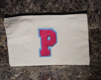 P letterman pouch, make bag, pencil bag, cosmetic bag, iron tote pouch