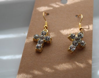 gold cross with faux diamonds | Easter earrings | Dangle earrings | handmade earrings