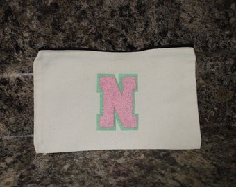 N letterman pouch, make bag, pencil bag, cosmetic bag, iron tote pouch