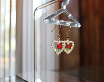 red rose pearl heart gold dangle earrings | handmade earrings| gold earrings| dangle earrings| rose earrings