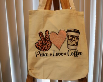 peace love coffee tote bag, trendy tote bag, eco friendly bag, reusable bag