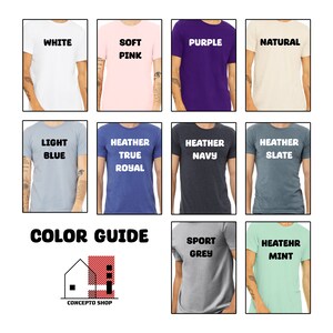 May include: Color guide for t-shirts with different colors and names, including white, soft pink, purple, natural, light blue, heather true royal, heather navy, heather slate, sport grey, and heather mint. The text "COLOR GUIDE" and "CONCEPTO SHOP" are also visible.