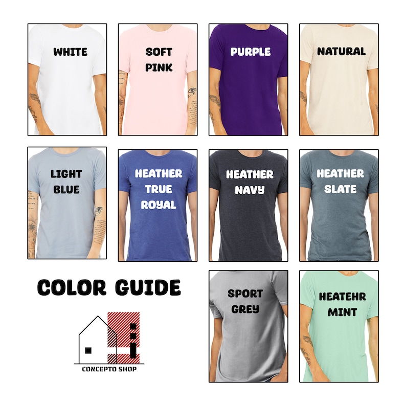 May include: Color guide for t-shirts with different colors and names, including white, soft pink, purple, natural, light blue, heather true royal, heather navy, heather slate, sport grey, and heather mint. The text "COLOR GUIDE" and "CONCEPTO SHOP" are also visible.