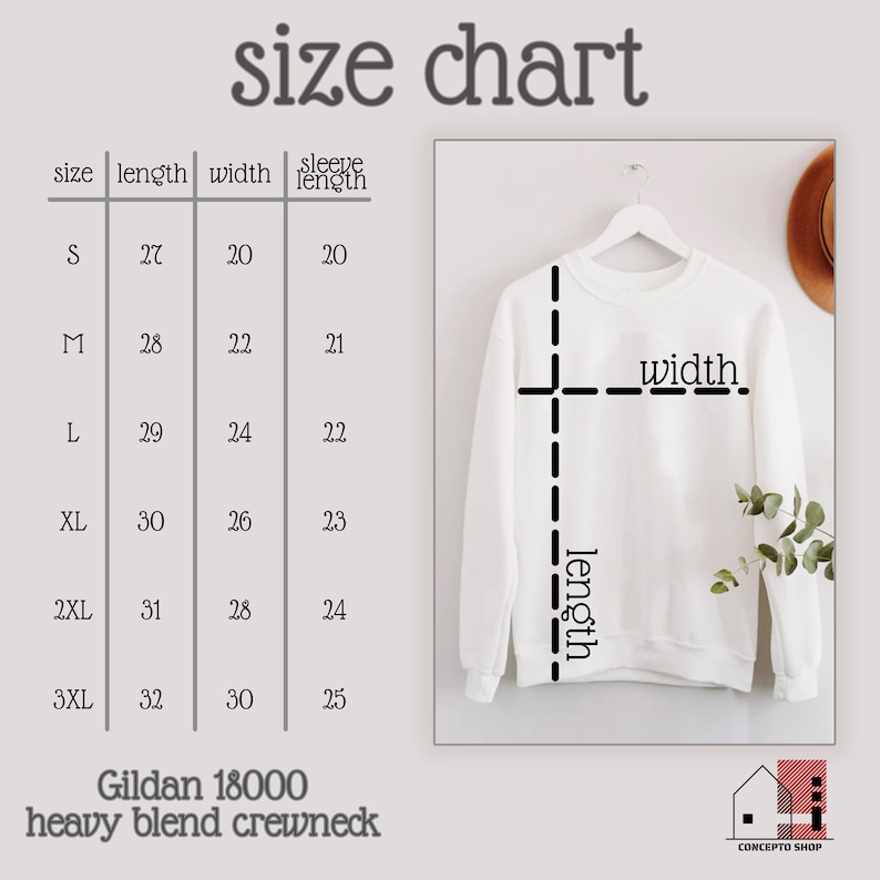 May include: Size chart for a Gildan 18000 heavy blend crewneck sweatshirt. The chart shows measurements in inches for sizes S through 3XL, including length, width, and sleeve length.