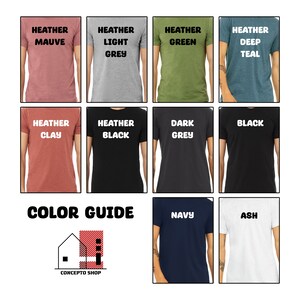 May include: Color guide for t-shirts with different heather and solid colors, including Heather Mauve, Heather Light Grey, Heather Green, Heather Deep Teal, Heather Clay, Heather Black, Dark Grey, Black, Navy, and Ash. The guide includes the text "COLOR GUIDE" and "CONCEPTO SHOP".