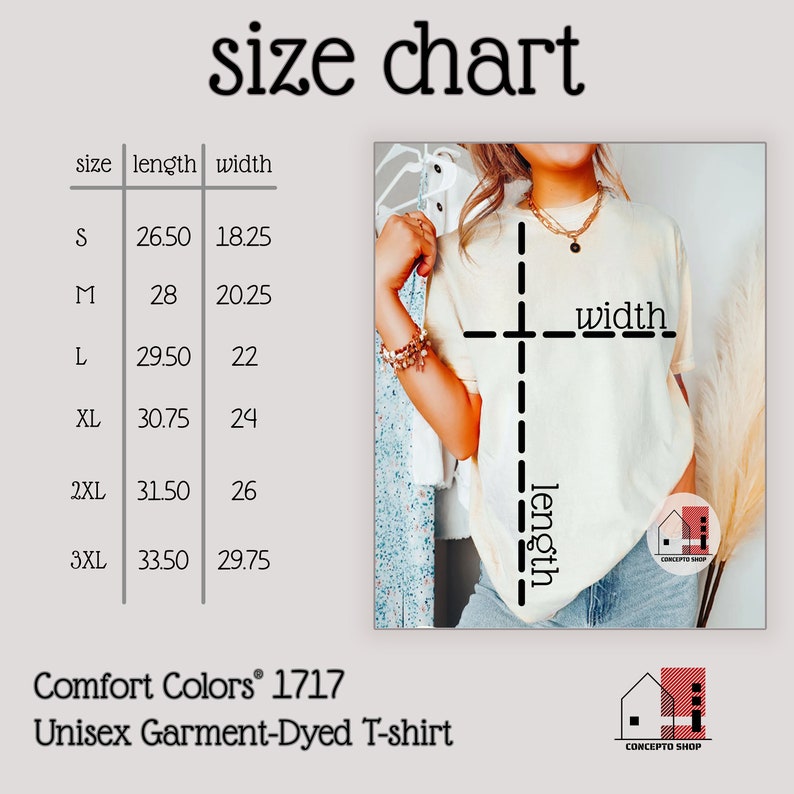 Pu&ograve; includere: Tabella delle taglie per una t-shirt unisex tinta in capo. La tabella mostra le misure di lunghezza e larghezza in pollici per le taglie S, M, L, XL, 2XL e 3XL. La tabella &egrave; etichettata "Comfort Colors&reg; 1717 T-shirt unisex tinta in capo".