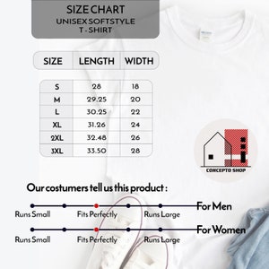 May include: Size chart for a unisex t-shirt with measurements in inches. The chart shows the length and width of the shirt in different sizes: S, M, L, XL, 2XL, and 3XL. The chart also includes a graphic showing how the shirt fits, with a red dot indicating that it fits perfectly.