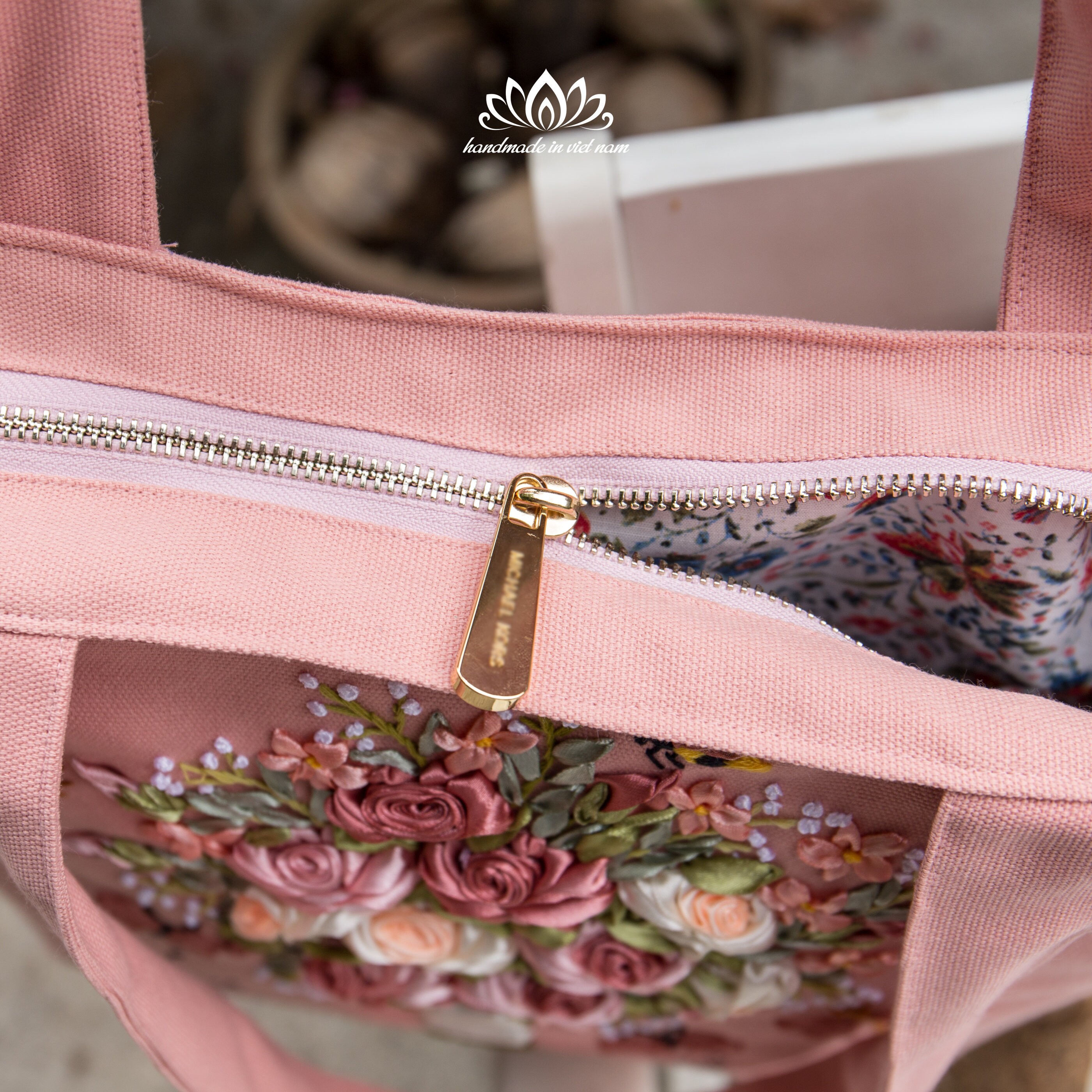 Tote Bag With Zipper, Rose Ribbon Embroidery, Handmade