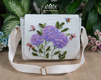 Messenger bag embroidered with hydrangeas, unique floral embroidery with ribbon