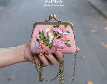Coin purse with strap, embroidered coin purse
