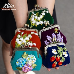 ribbon Embroidered Coin Purse, Small Change Pouch With Flower ribbon Embroidery, Handmade Vintage Women's Coin Purse