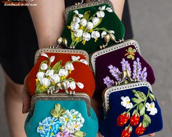 ribbon Embroidered Coin Purse, Small Change Pouch With Flower ribbon Embroidery, Handmade Vintage Women&#39;s Coin Purse