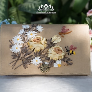 Cartera de tela bordada, bordado de cinta único, cartera hecha a mano