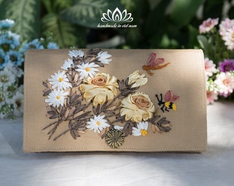 Cartera de tela bordada, bordado de cinta único, cartera hecha a