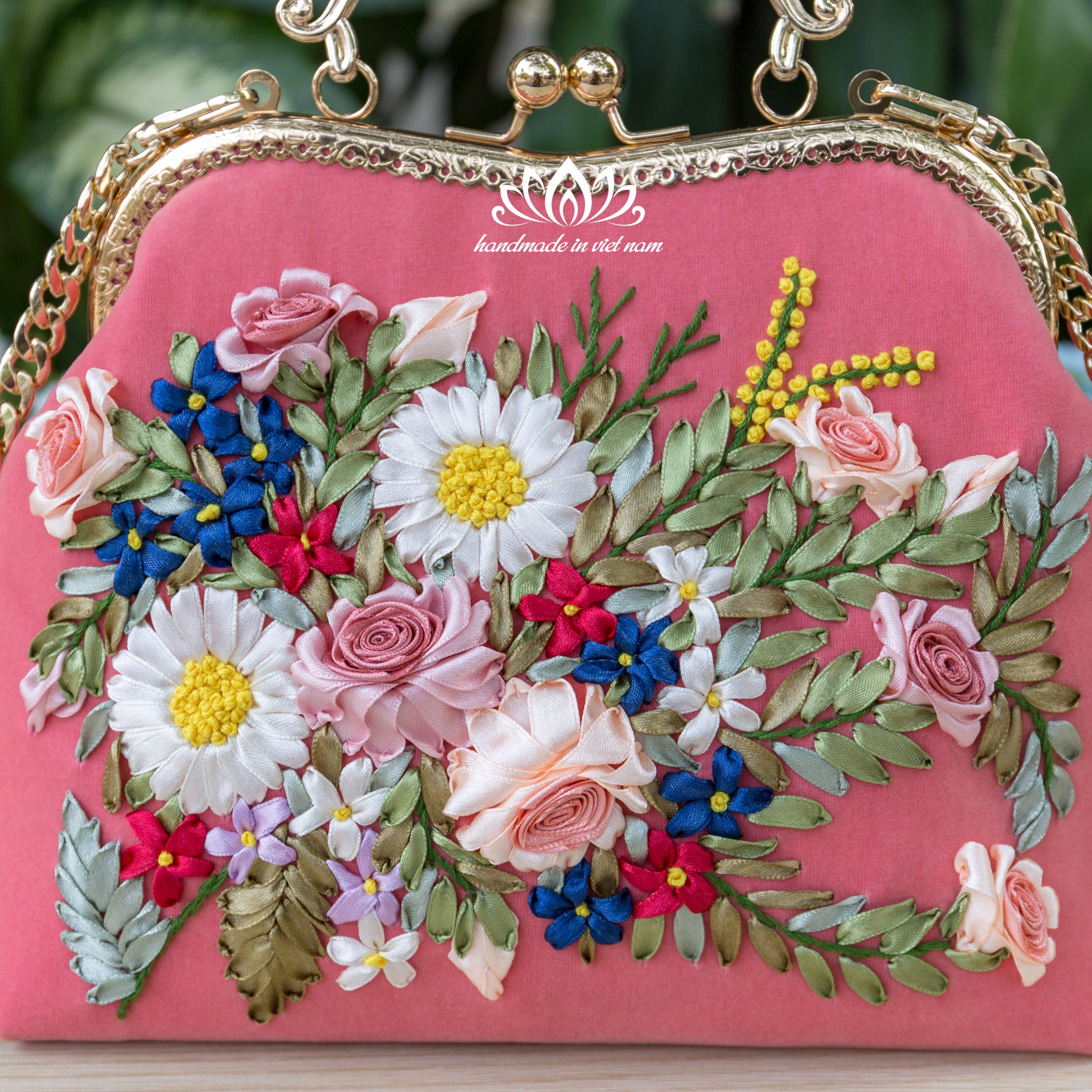 ショルダーストラップ付きハンドバッグ、ユニークなリボンフラワー刺繍