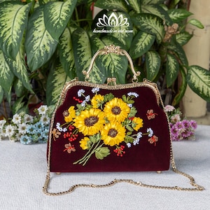 Handtasche mit Schultergurt, Einzigartige Sonnenblume Stickerei Tasche