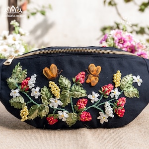 Embroidered waist bag, Crossbody waist bag Pack, Belt bag for travel, strawberry embroidery