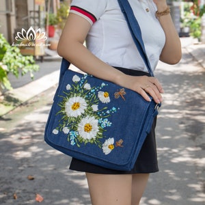 Embroidered messenger bag, Denim Messenger Bag for women