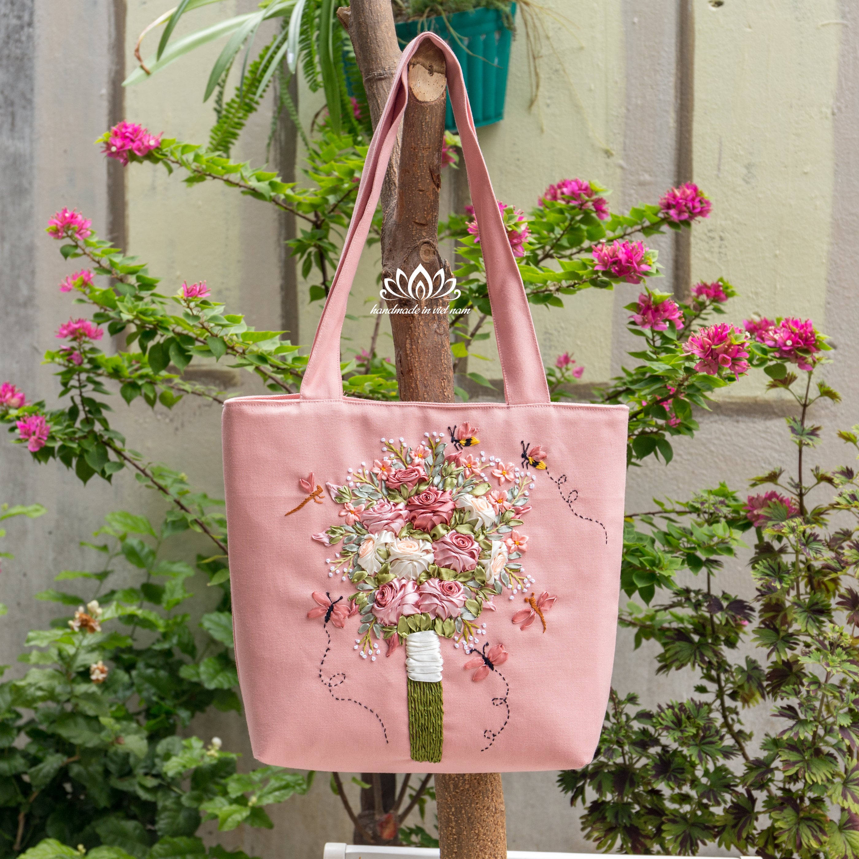 Tote Bag With Zipper, Rose Ribbon Embroidery, Handmade