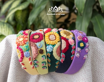 Floral Embroidered Headbands, Handmade Hairband with Flowers Embroidery