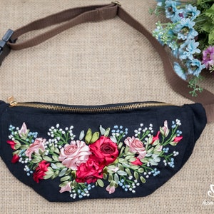 Bestickte Gürteltasche | Crossbody Gürteltasche Pack |  Gürteltasche für die Reise | Bändchenstickerei | Handarbeit Nähen