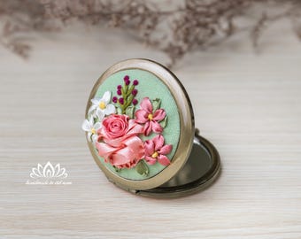 Hand embroidered pocket mirror | Makeup Mirror | Unique ribbon embroidery art