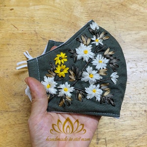 Two side embroidered mask | Embroidered Linen mask | Ribbon embroidery mask | Nose Wire | Reusable | Washable | Unique gift