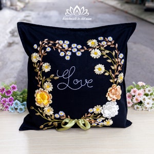 Hand Embroidered Cushion Cover,  Pillowcase embroidered with ribbon
